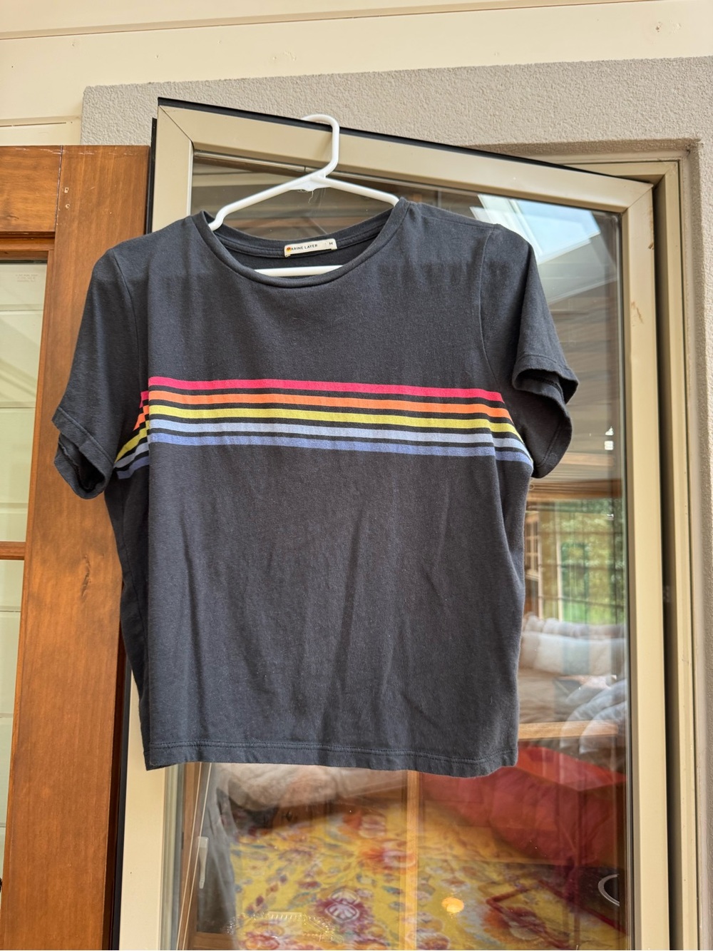 Marine Layer Black Tee with Red Yellow Blue Purple Stripes